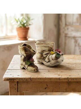 Vintage Capodimonte Boot Planters Pair Floral Porcelain Shoe Figurines Italy 5"